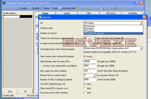 GsiteCrawler (sitemap oluşturucunun) Türkçe dil dosyası